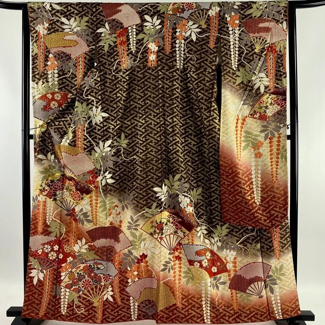 Japanese kimono SILK"FURISODE" long sleeves, Gold leaf, Plants,Fans,L5' 4"..3484