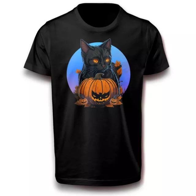 Halloween Schwarze Katze mit 3 Kürbis T-Shirt 122 - 3XL Baumwolle Fun