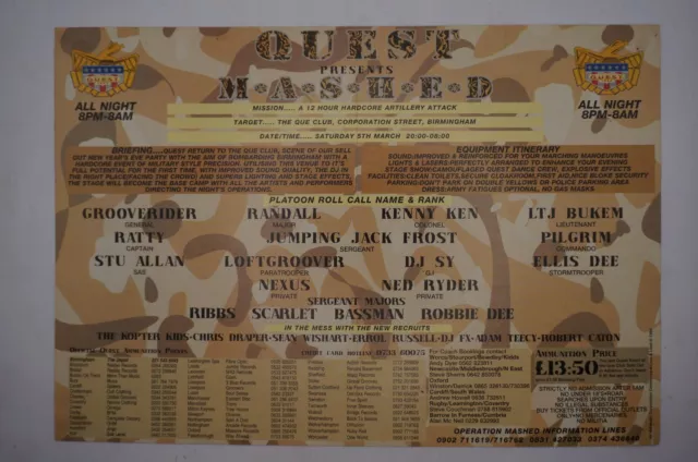 Rave Flyer-Quest Mashed -  Que Club-Birmingham- Saturday 5th March 1994 GC 2