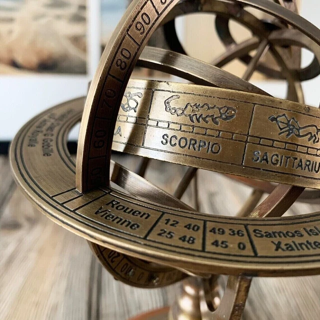 Antiguo Vintage zodiaco armilar latón esfera globo Base de madera... 3
