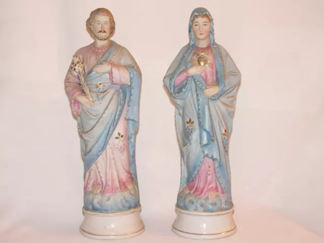 2 Anciennes Statues Biscuit Polychrome Saint Joseph Et Marie 31 Cm Religion