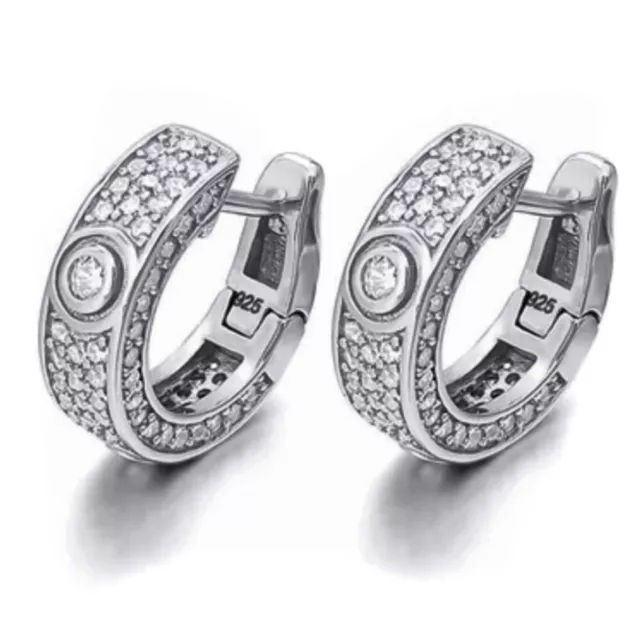 Small Fully Iced Cz Men White Gold Plated Sterling Silver Elegant Hoop Earrings