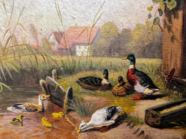Old Vintage Oil Painting Rural Landscape Ducks Duck Birds Artist Signed Art 2
