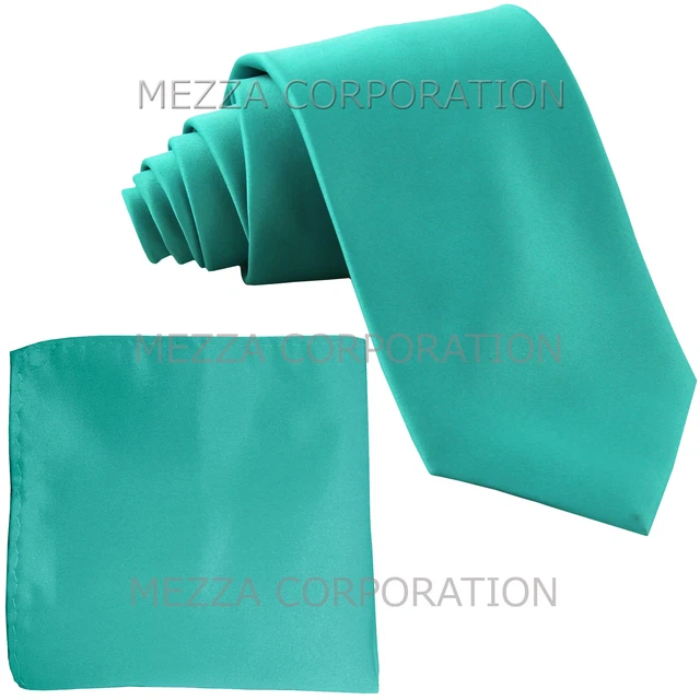 New formal men's necktie & hankie set solid polyester turquoise blue formal