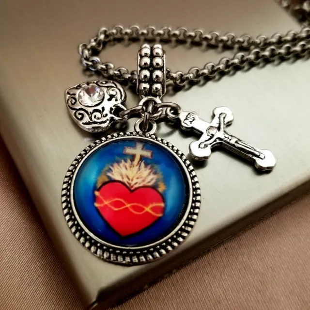 Sacred Heart Catholic Christian Faith Religious Cross Charm Bracelet Necklace