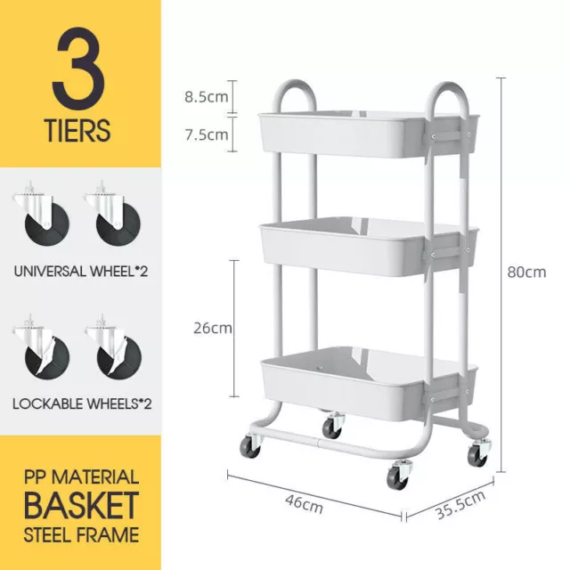 3 Tier Kitchen Bathroom Trolley Cart Steel Storage Rack Shelf Organizer Wheels 3