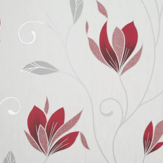 Crown Synergy Floral Red Silver Leaf Textured Glitter Wallpaper M1718