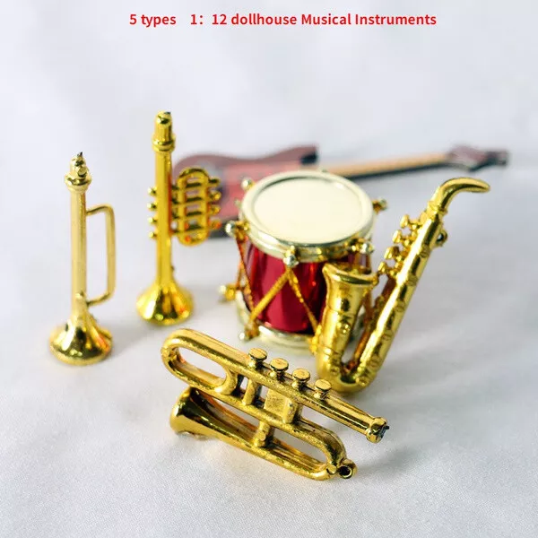 1: 12 miniaturas de casa de muñecas Mini instrumento Musical modelo trompeta par