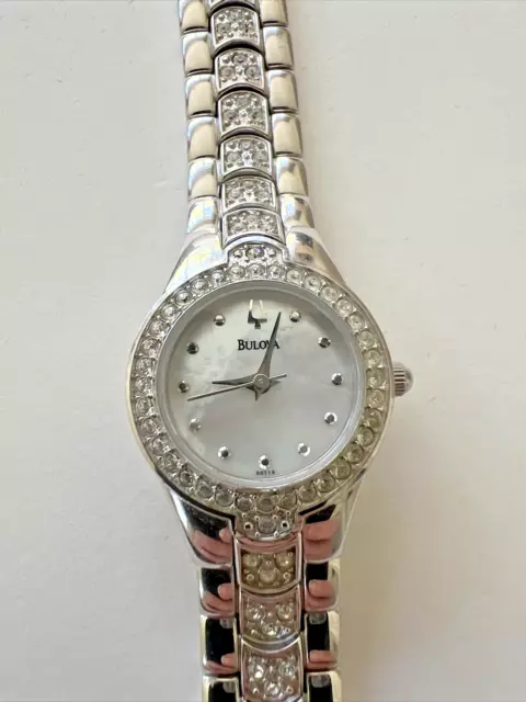 BULOVA Crystals Womens Glitz Watch, White MOP Dial, Pave Stainless Steel Band