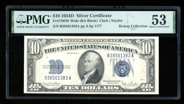 DBR 1934-D $10 Silver Wide Fr. 1705W PMG 53 Serial B38561383A