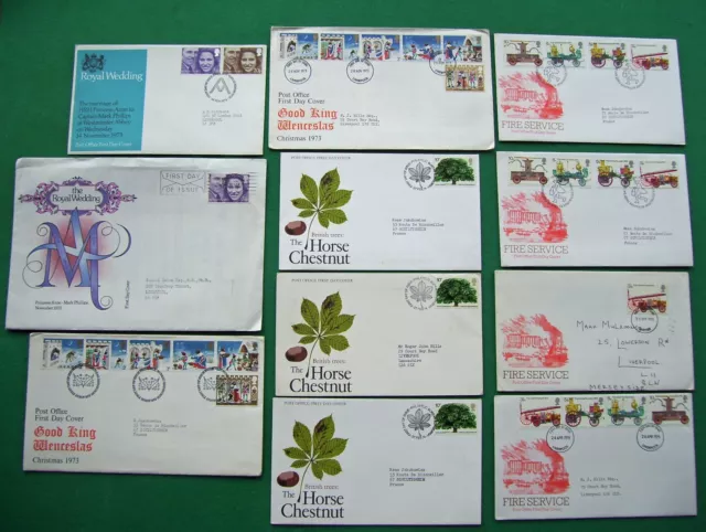 Lot d'emplois de Royal Mail FDC GB (x 11) de 1973-74 avec mariage royal, Noël