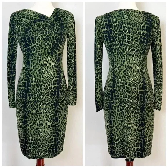 DAVID MEISTER Women's Size 2 Green Leopard Print Long Sleeve Sheath Dress