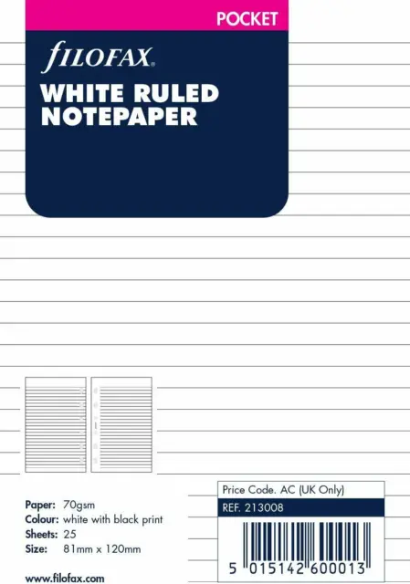 Filofax Taschenformat weiß liniert gefüttert Notizpapier Nachfülleinsatz 213008