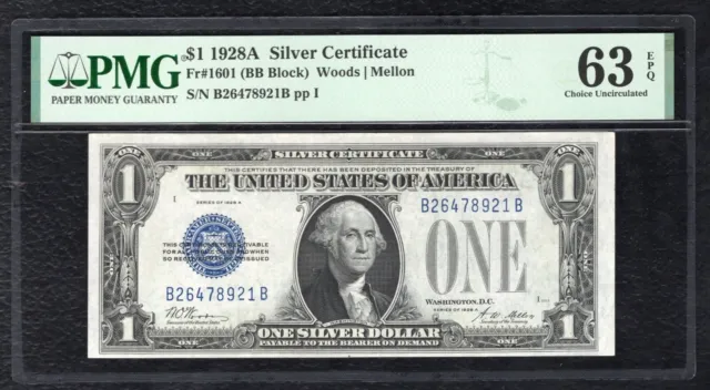 Fr. 1601 1928-A $1 “Funnyback” Silver Certificate “B-B Block” Pmg Unc-63Epq