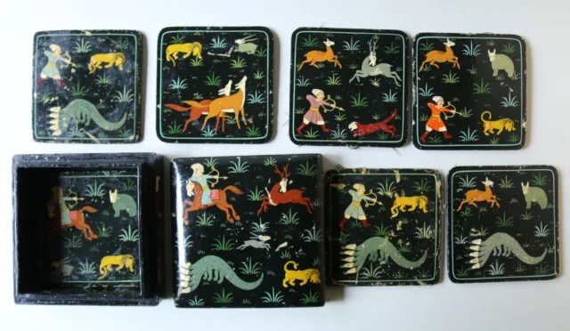Antique Vintage Kashmiri Hand Painted Lacquered Wooden Box and Seven Coasters