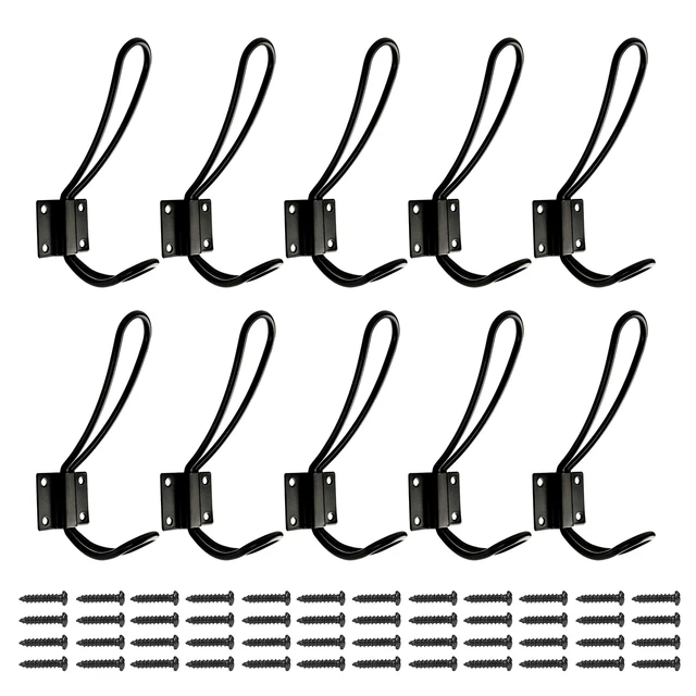Rustic Entryway Hooks | 10 Pack of Black Wall Mounted Vintage Double...
