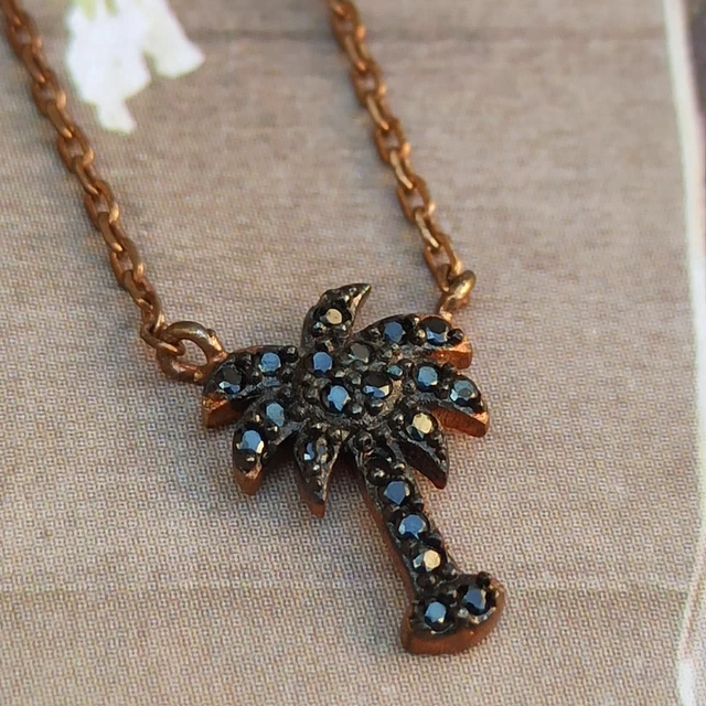 Palma Tree Necklace Dainty Rose Gold 925 Delicate Black Crystals Girl Lady Gift