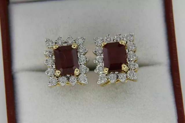 4 Ct Emerald Cut Simulated Red Ruby Cluster Stud Earrings 14K Yellow Gold Plated