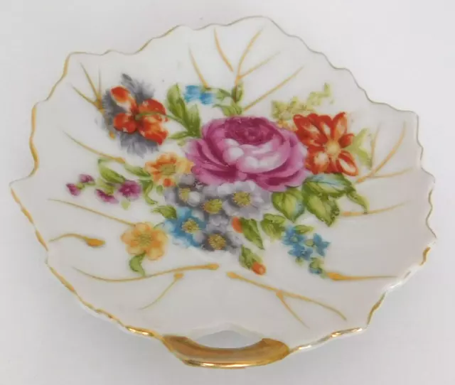 NAPCO Vintage Leaf Shaped Japan Small  Trinket Dish Gold Trim Roses Flowers