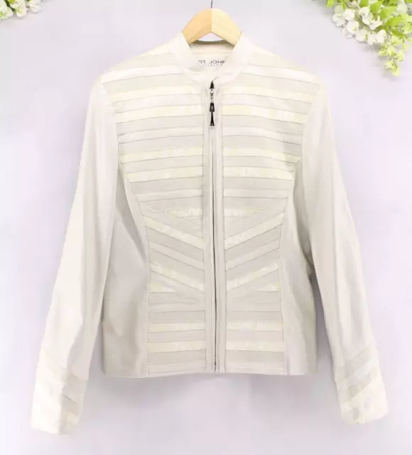St. John Women's Leather Jacket White/Off White Stunning Full Zip Sz 8