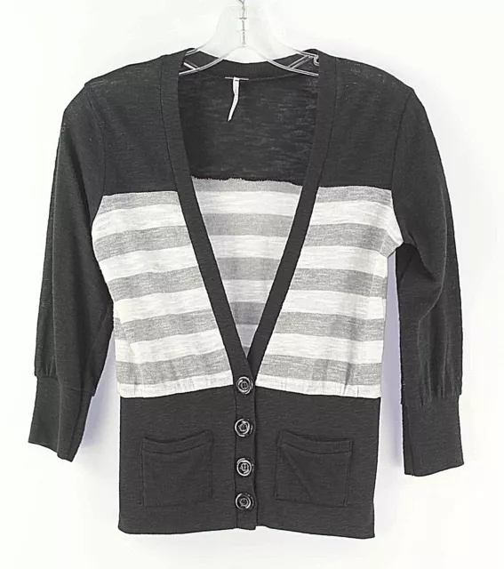 Poof Girl Sz 14 Black Gray White Stripe Front Pocket Cardigan 263C