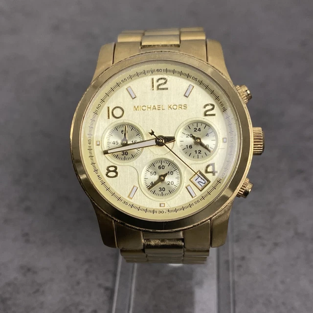 Michael Kors Womens Watch MK-5055 Runway Gold S.Steel Chrono Mk5055 New Battery