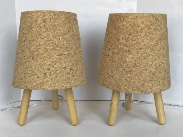 Pair of Mid Century Modern MCM Style 14.5” Lamps Wooden 3 Leg Tripod Cork Shade