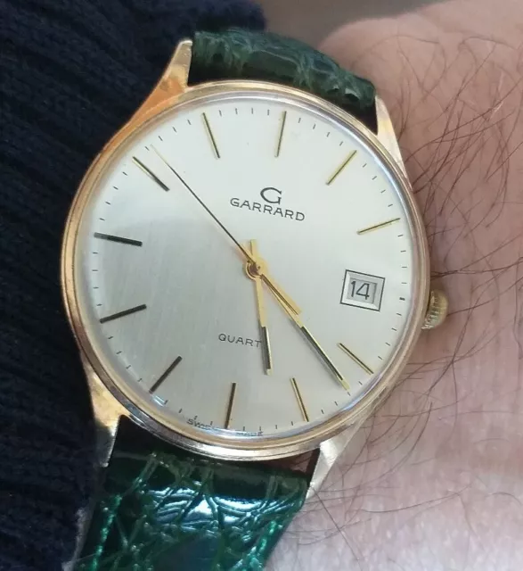 9K SOLID GOLD Garrard Mens Date Watch New Battery Watch Box 6M