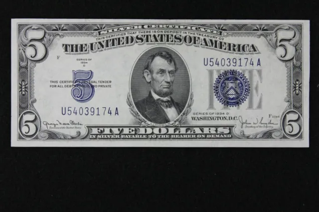 $5 1934D CU Wide 2 Blue Seal Silver Certificate U54039174A Series D, bp 2088 WII