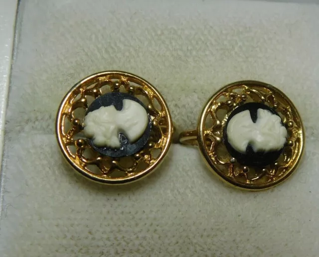 Dainty Victorian Style Black Cameo Lady Gold tone Mourning Round Clip Earrings