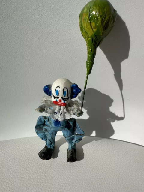 Vintage Hand Made Paper Mache Clown Holding Green Balloon Made In Mexico