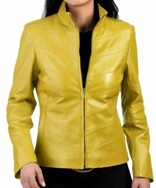 BOMBER BIKER NEW Women's Yellow Jacket 100% Real Lambskin Moto Biker ...