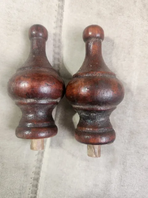 Set Of 2 wooden post clock finial turned wood topper brown Parts and Repair