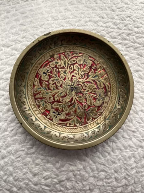 Vtg Indian Solid Brass Small Pin Dish Plate Ornate Floral Motif Higher Border