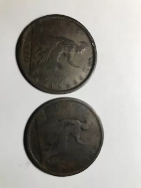 1862 & 1870 Great Britain British One 1 Penny Victoria Civil War Era   Two Coins