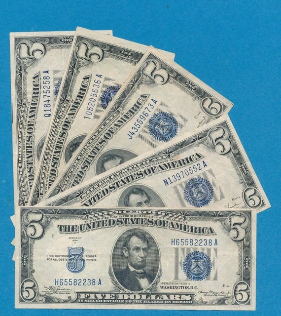 5-$5.00 1934 Mixed Series Blue Seal Silver Certificates Nice Choice Vf+Xf Lot