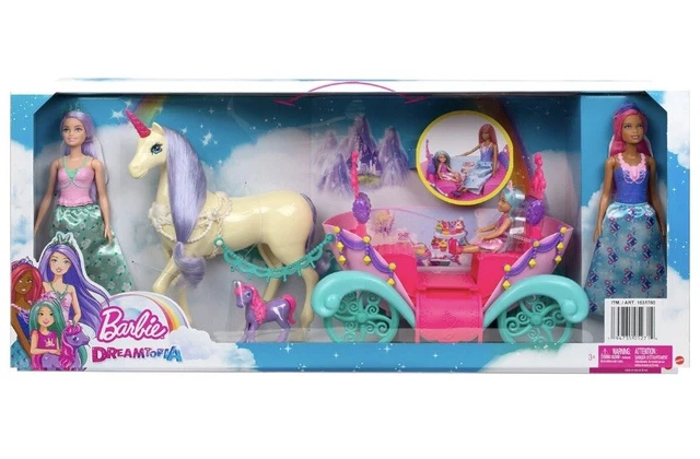 BARBIE DREAMTOPIA CARRIAGE Playset 3 Dolls and 2 Unicorns
