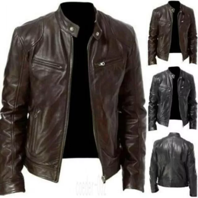 Uk Mens Vintage Cafe Racer Black Brown Leather Casual Slim Fit Real Biker Jacket