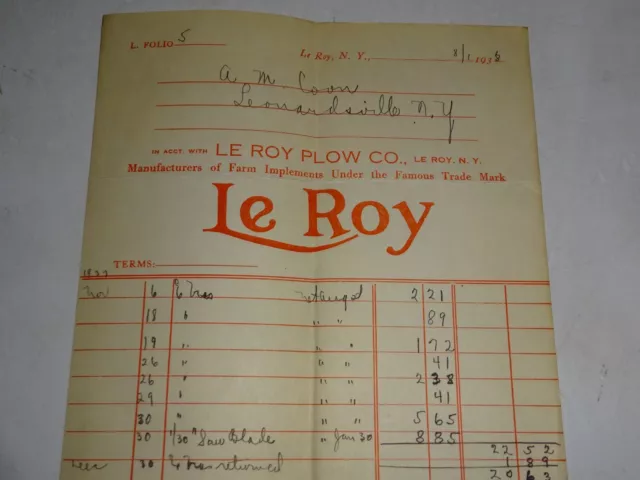 1938 letterhead LeRoy Plow Co. Farm Implements Le Roy, NY 8/1/38