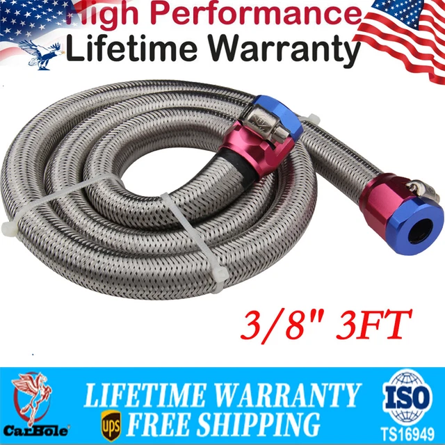 AN6 3/8inch Universal Braided Steel Fuel Line Hose Oil Fuel w/ Clamp 3ft Gas Two