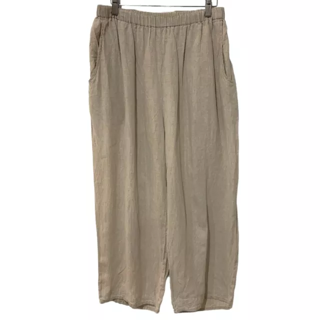 FLAX | CROP Pants Linen Beige Pull On Elastic Waist Pockets Wide Leg ...