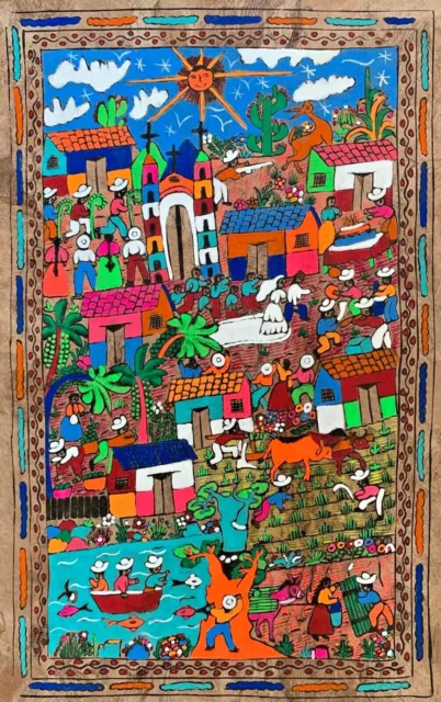 15 1/2 X 23" Mexican Tradition Folk Art Amate Bark Hanging Farm Painting Aztec
