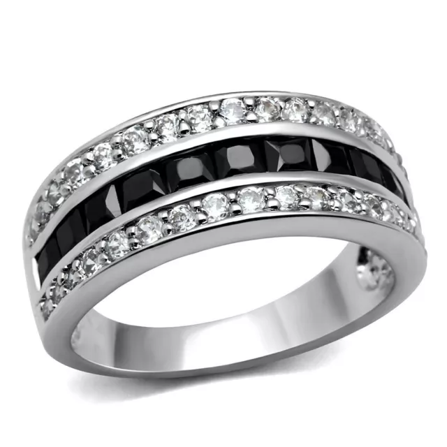 BLACK ETERNITY BAND ring cz silver princess cut rounds black white $25. ...