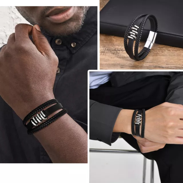 Gentle Black Mens Bracelet, PU Leather with Metal Charm Wristband Simple Jewelry 2