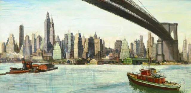 Tableau huile paysage américain NEW-YORK BROOKLYN Bridge États-Unis East River