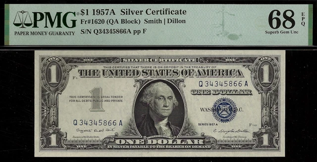 1957A $1 Silver Certificate PMG 68EPQ rare grade QA Block Fr 1620
