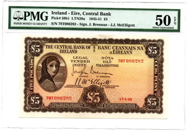 Ireland: Republic (Eire) 5 Pounds 17.1.1945 Pick 58b1  PMG About Unc 50 EPQ.