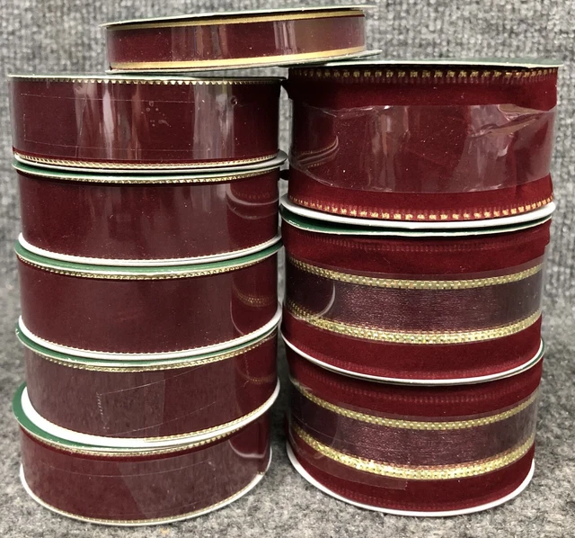 Lote de 9 cintas navideñas de terciopelo vintage (3) 1 1/2"" (5) 7/8"" (1) 3/8"" nuevas