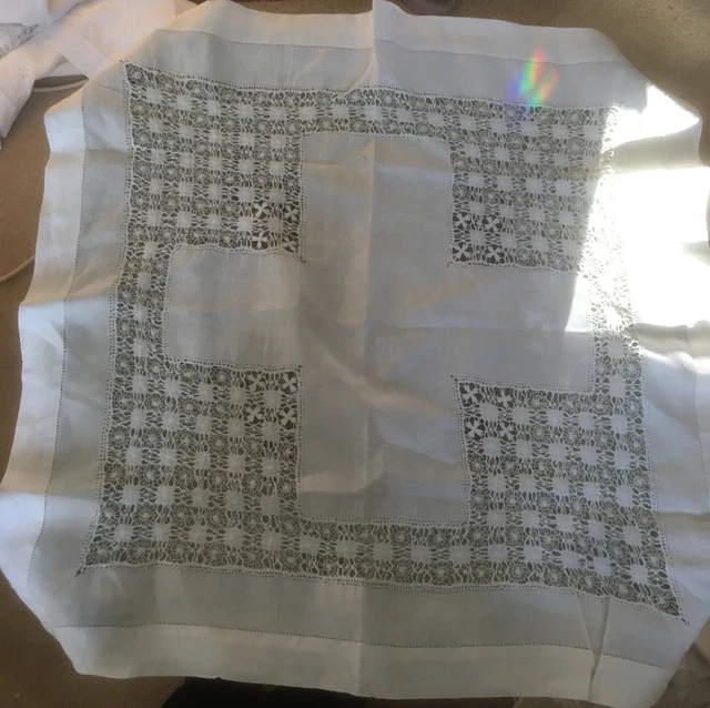 Vintage Square White Embroidery Tablecloth Irish Linen Crochet Lace Edge Cotton