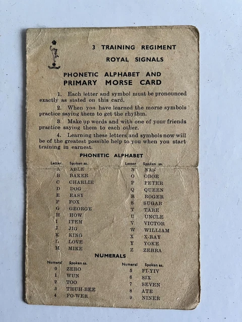 ROYAL SIGNALS TRAINING Regiment Phonetic Alphabet and Morse Code Card £ ...